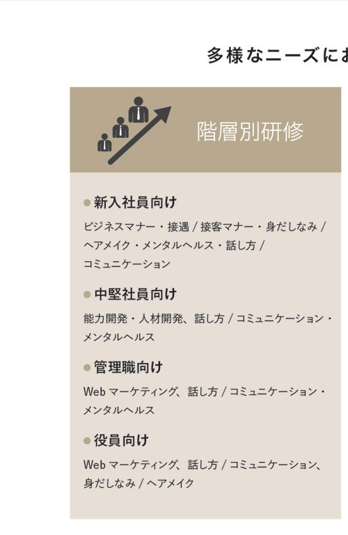 多様なニーズにおこたえできます　階層別研修　● 新入社員向け　ビジネスマナー・接遇/接客マナー・身だしなみ/ヘアメイク・メンタルヘルス・話し方/コミュニケーション● 中堅社員向け　能力開発・人材開発、話し方/コミュニケーション・メンタルヘルス● 管理職向け　Webマーケティング、話し方/コミュニケーション・メンタルヘルス● 役員向け　Webマーケティング、話し方/コミュニケーション、身だしなみ/ヘアメイク